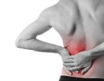 male hand on lower left back pain
